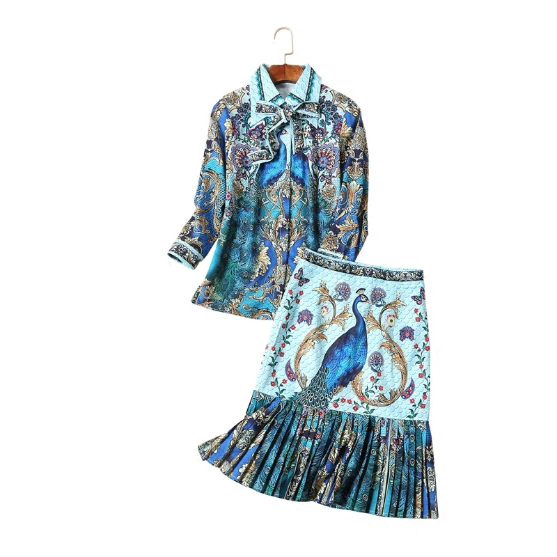 Новая весенне-летняя блузка с отложным воротником и принтом в европейском и американском стиле+ плиссированная посылка, комплект с юбкой длиной до колен в стиле рыбий хвост