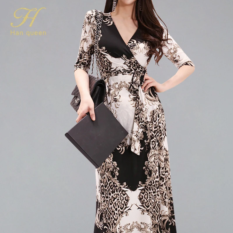 

H Han Queen Retro Elegant V Collar Print Bodycon Dress Women 2019 New Criss-cross Long Dresses Spring Boho Casual Sexy Vestidos
