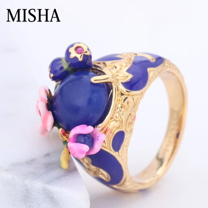 

MISHA Unique Design Enamel Ring Handmade Blue Purple Ring Simulation Gems Fine Jewelry For Girlfriends L460