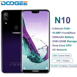 DOOGEE N10 мобильного телефона Восьмиядерный 3 GB Оперативная память 32 ГБ Встроенная память 5,84 дюйма FHD + 19:9 Дисплей 16.0MP Face Unlock 3360 mAh Android 8,1 4glte