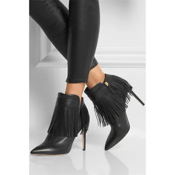 

EMMA KING 2018 Botines De Mujer Fringe Tassel Studded Ankle Boots Women Texture Pointed Toe High Heels Lady Solid Black Booties
