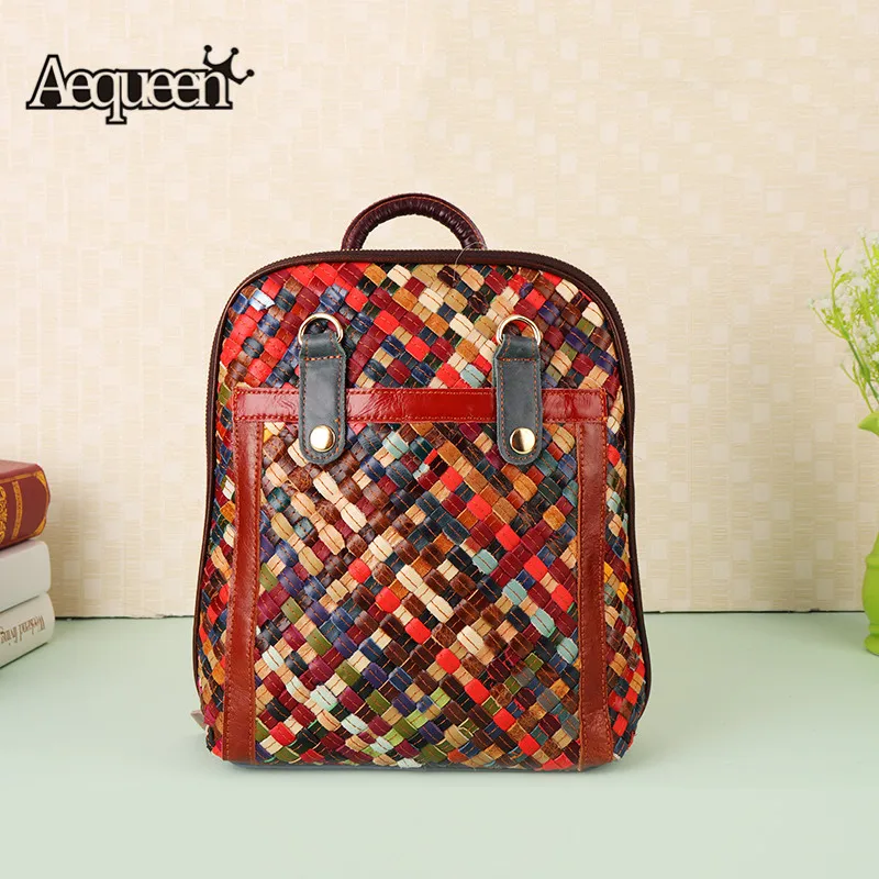 

AEQUEEN Feminina Genuine Leather Backpacks Women Weaving Schoolbag Girls Colorful Rucksack Knitting Shoulder Bag Female Mochilas