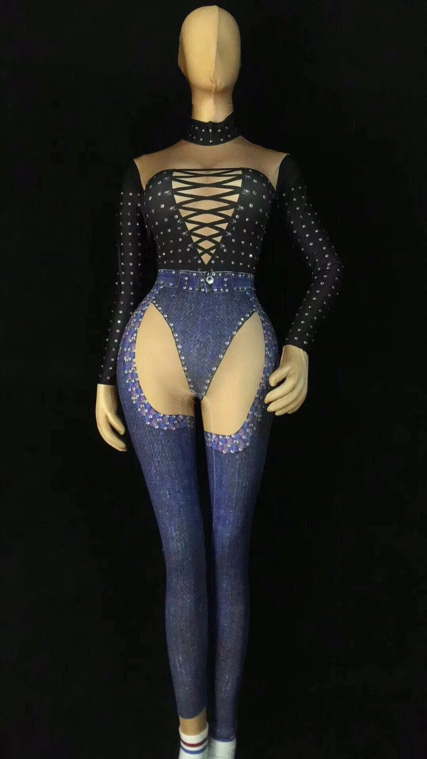 Bandage Party Bodysuits Rhinestones Singer Nightclub Stretch Printed Black piece Clothes Color One Prom Jeans Outfit Pic Female Jumpsuit P7q7Hd