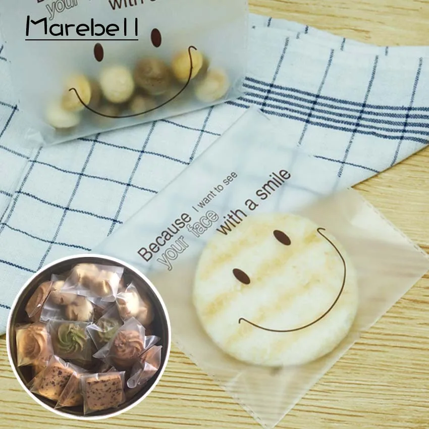 

Marebell 14x14cm 50pcs Packing Bags For Cookies Frosted Hyaline Smile Shape Party Biscuit Waffle Baking Packaging Bag Bakeware
