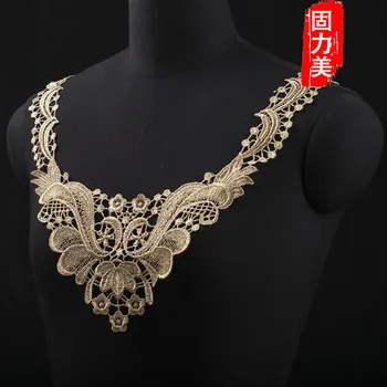 

10 pc golden thread guipure embroidered wide venice neck lace collar applique gold