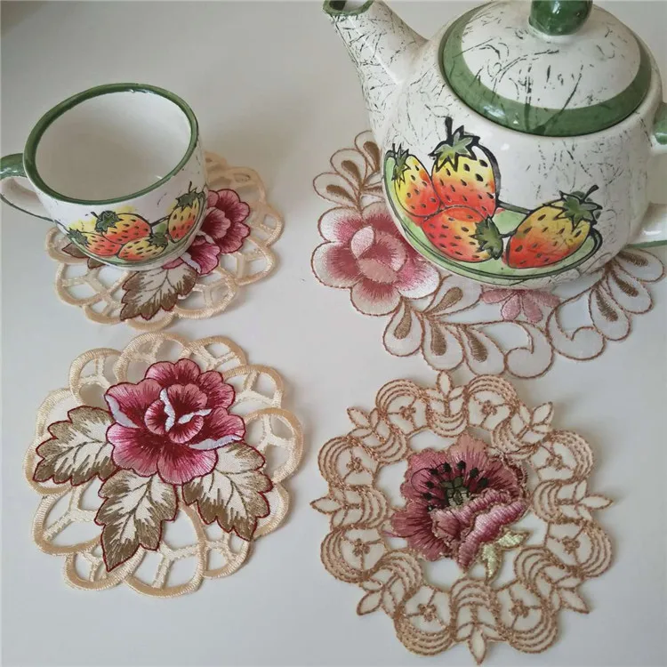 1PCS Embroidery Flower Lace Tablecloth Placemat Round Placemats Wedding Table Mat Lace Place Table Cover tafelkleed manteles RE6