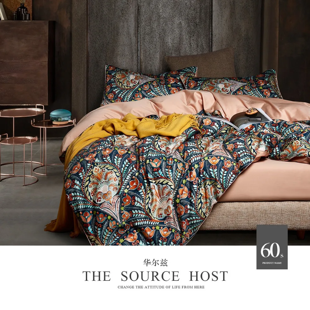 

No.46-50 bohemian bedding queen size 4pcs 60s egyptian cotton bed linen satin double feathers duvet cover set