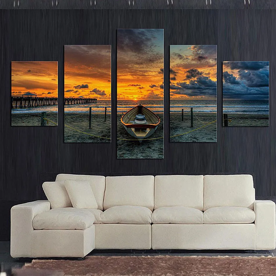 Modular Vintage Art Canvas Wall 5 Panel Seascape And Boat Home Decor Print Painting Tableau Picture For Living Room Poster