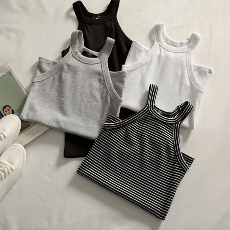 

Womens Summer Sleeveless Halter Round Neck Tank Top Vintage Striped Thread Ribbed Knitted Camisole Basic Sports Tight Slim Vest