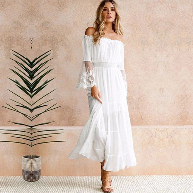 TEELYNN long  boho dress white sexy off the shoulder beach sundress Flare long sleeve splice lace women dresses summer vestidos 1