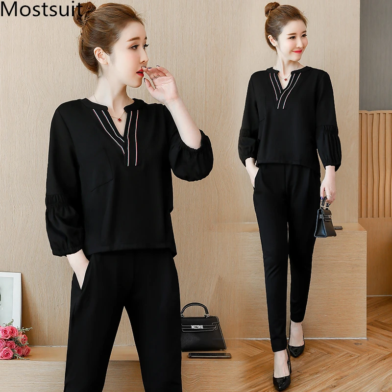 

L-5xl Black Casual Two Piece Set Women Lantern Sleeve V-neck Tops And Elastic Pants Suits Fashion Korean Spring Autumn Sets 2019