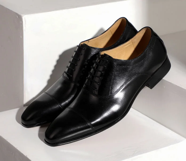 QYFCIOUFU/итальянская брендовая деловая модельная обувь из натуральной кожи; мужские туфли-оксфорды из коровьей кожи на шнуровке в стиле ретро; мужская обувь на плоской подошве - Color: Black