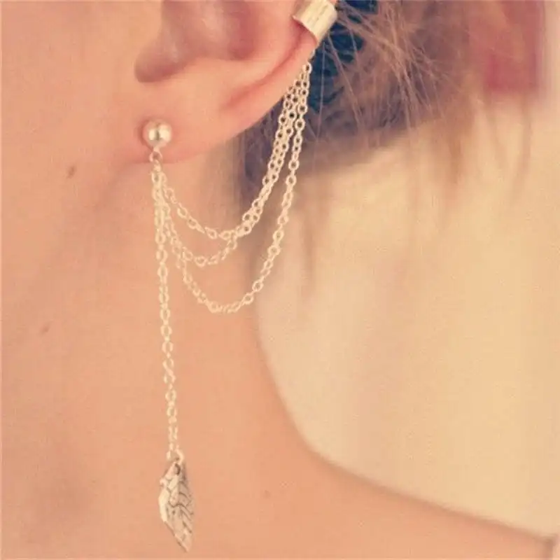 

European and American jewelry 1 piece Personality simple wild earrings ear clip alloy leaves tassel geometric woman earrings