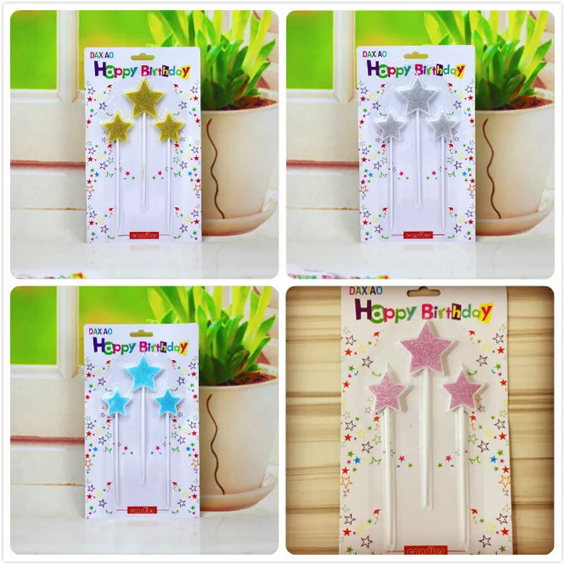 

3PCS/set birthday candle gold/pink/blue star topper for kids happy birthday moana party birthday cake topper Bougie long 12cm