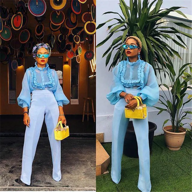 

VAZN Spring Sexy Design 2019 Sexy Women Solid Perspective Tops Ladies O-Neck Lantern Sleeve Hollow Out Chiffon Tops RRK196