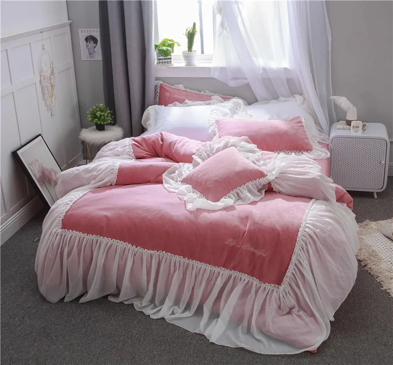 buy 2018 Bedding Set winter thick Fleece fabric king queen size Linens Duvet Covers Pillowcases princess Bed Covers