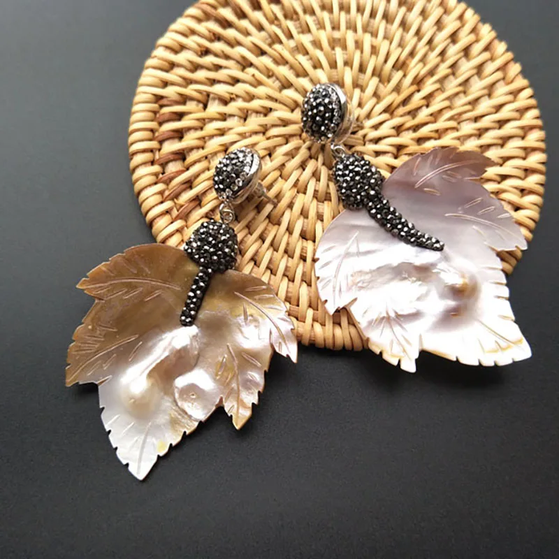 1 Pair Fashion leaf shape Natural Shell and pearl Earrings Paved Crystal Zircon Druzy Jewelry for Women ER134 | Украшения и