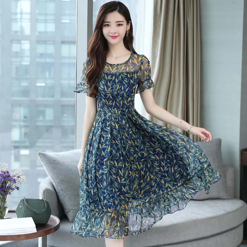 Leaves Print Ruffle Party Summer Mesh Midi Women Dress Long Plus Size Lady Vintage Elegant Short Sleeve Runway Vestido De Fiesta