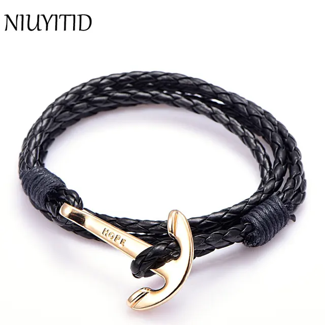 Niuyitid Mens Bracelets Leather Wristband Jewelry 40cm Length Brown Niuyitid Mens Bracelets Leather Wristband Jewelry 40cm Length Brown Pu Rope Silver Anchor Man Charm Braclet
