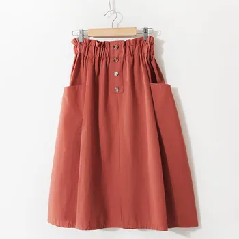 

8 Colors Womens Casual Midi Skirt Elastic High Waist Front Button Pockets Ladies Summer Skirts Fashion Loose Plus Size Skirt