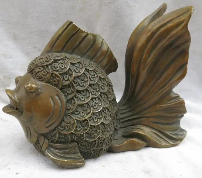 China Feng Shui Brass copper carved fine Blessing money Goldfish Statue