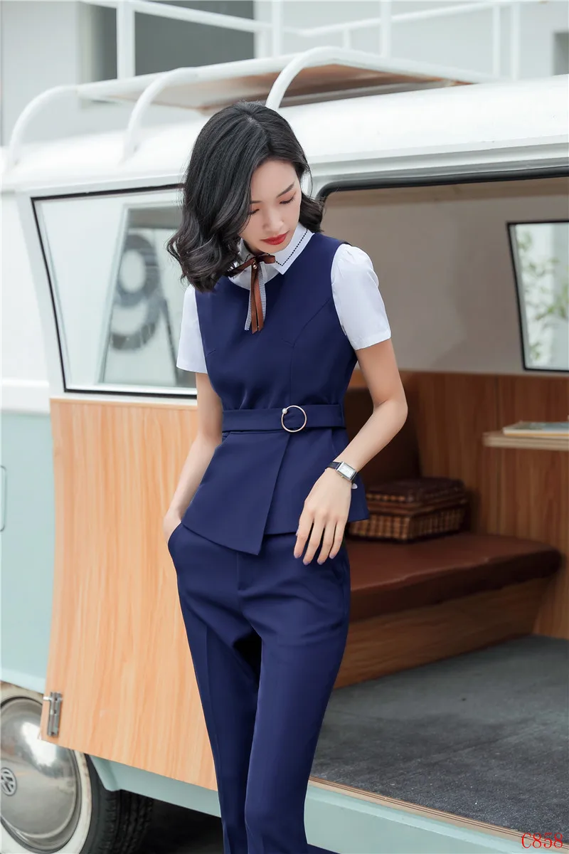 Формальные Дамы синий жилет и жилет женские деловые костюмы с брюками и топ комплект рабочая одежда офисный униформенный стиль