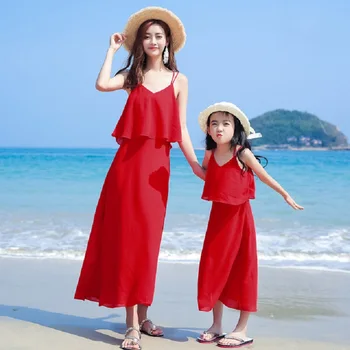 

2019 Summer Beach Dress Mom and Daughter Dress Mommy and Me Clothes Gilrs Women Chiffon Dress Red Big Sister Little Sister Juve