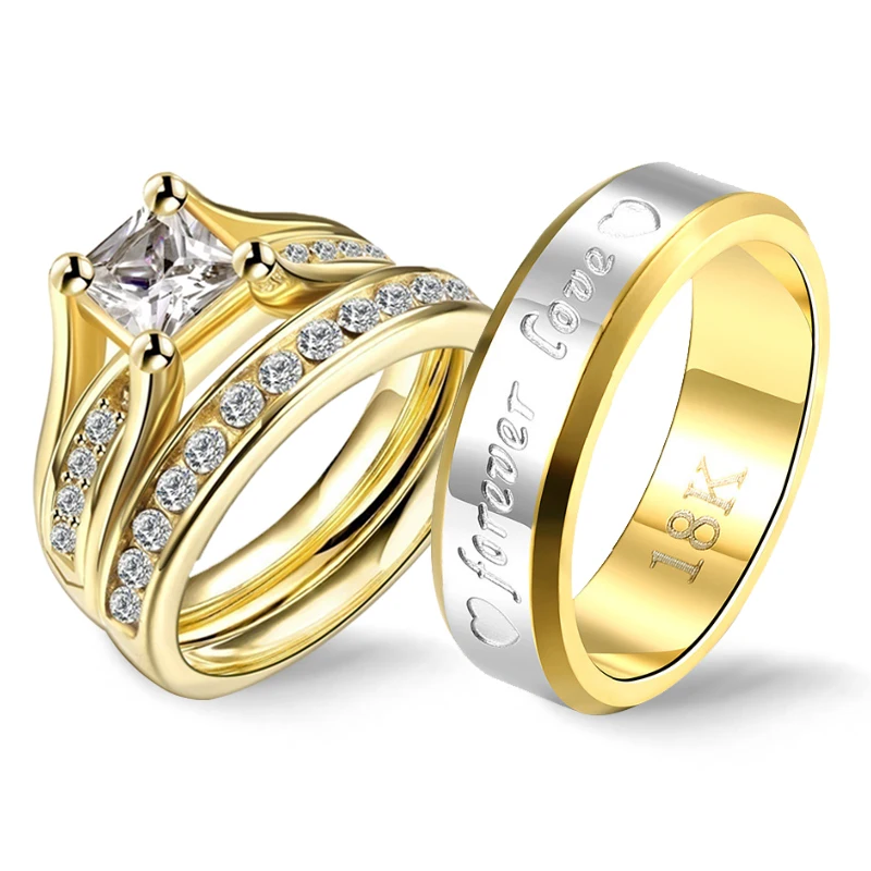 

Gothic Gold Vintage Stainless Steel Engagement Rings Couple Cubic Zirconia Ring Set for Girl Forever Love Statement Wedding Band