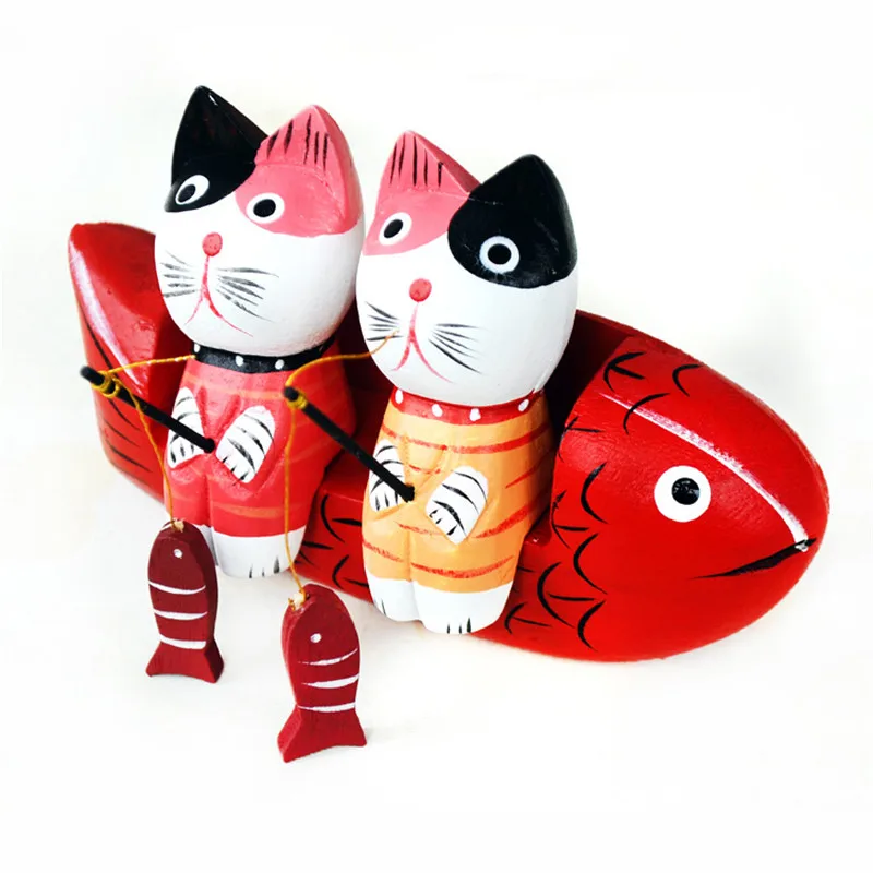 

Fishing Wood Cat Model Figurine Children's Toys Desktop Decor Cat Stool Home Decoration Accessories Furnishings Mini Figurines