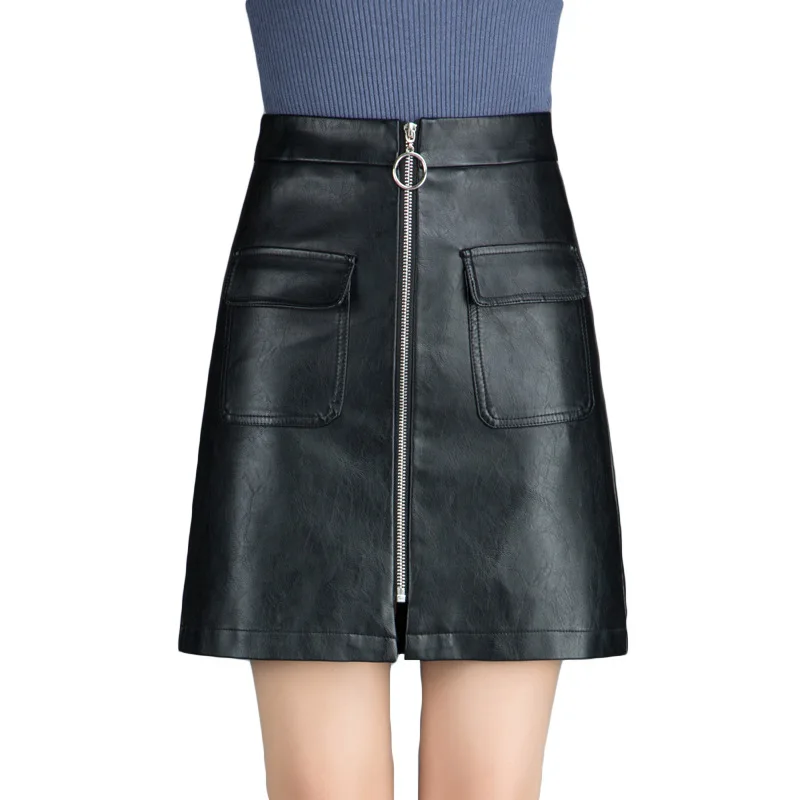 Korean Pu Leather A-line Hip Skirt Women's High Waist Zipper Pocket One-step Spring Summer Bodycon 5XL | Женская одежда