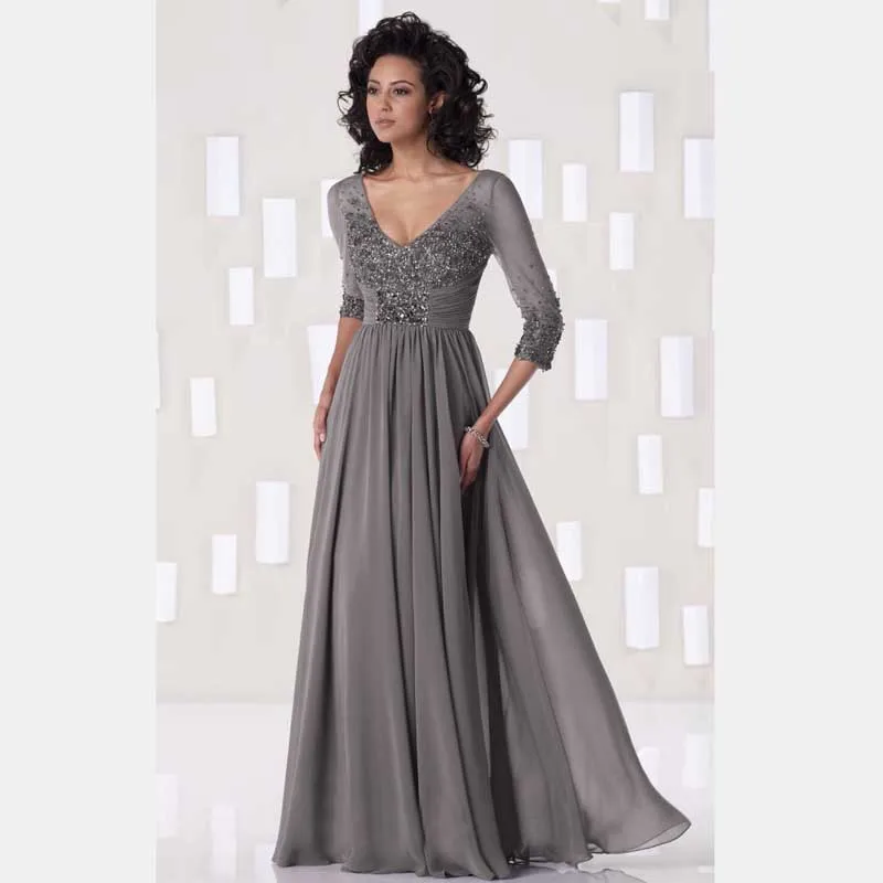 2016 Promotional Grey Long Evening Dress Beaded Pleat A line Mother of the Bride Dresses Plus