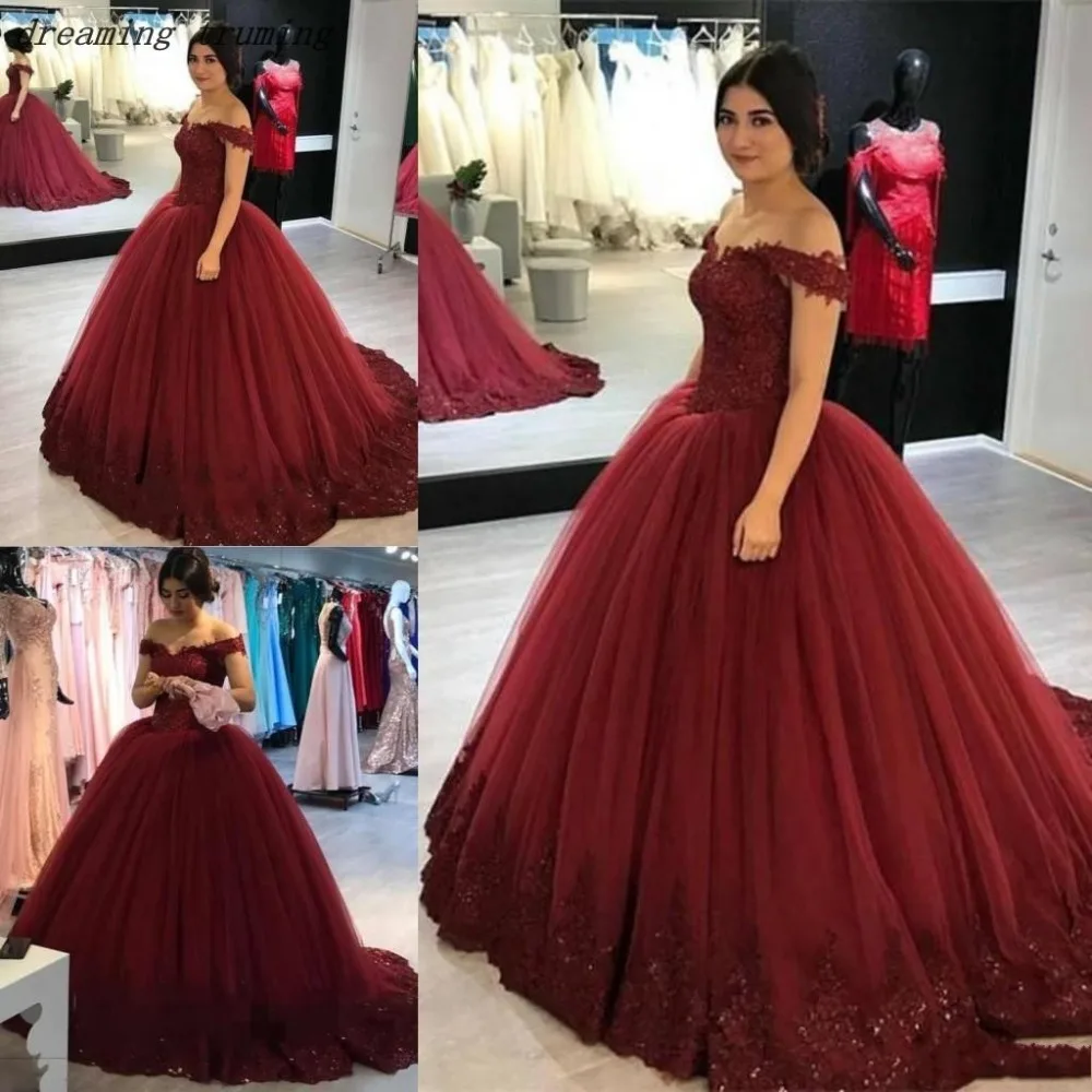 

vestido de 15 anos de debutante Burgundy Quinceanera Dresses Lace Appliques Tulle Puffy Girls Birthday party Ball Gown Sweet 16