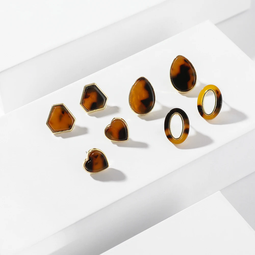 

4 Pair/Set Fashion Tortoiseshell Acrylic Alloy Heart Stud Earrings for Women Teardrop Oval Small Earring Set Bijoux Jewelry Gift