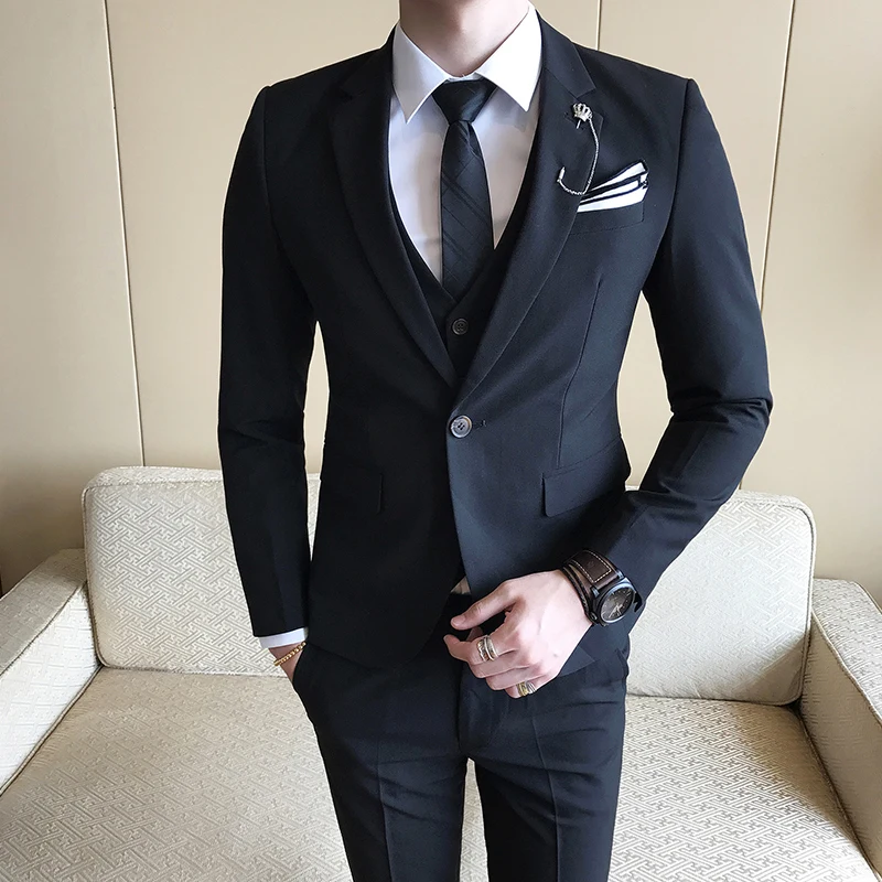 ( Jacket + Vests + Pants ) 2018 New Men's Gentleman England Solid Color Three-piece Business Wedding Dress Suits Men Formal Suit