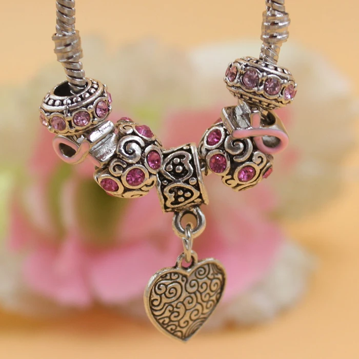 Браслеты из розовой ленты с подвеской в виде сердца 6 шт.|cancer bracelet|pink ribbon cancerbreast