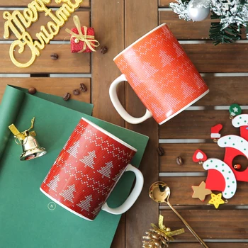 

merry christmas tree printed gifts ceramic mugs with handgrip & gold spoon Japan style porcelain red orange gift box coffee mug