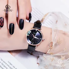 GUOU черный кожаный для женщин часы позолоченный чехол дамы кварцевые наручные часы Группа 15 мм водостойкие простой женский подарок 66615
