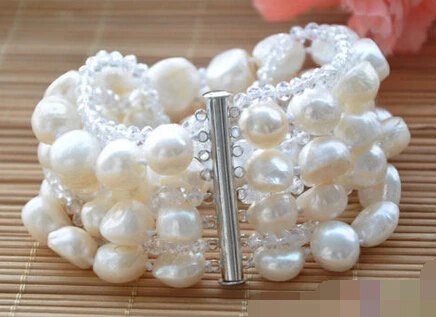 

FREE SHIPPING>>>@@ > 01256 8row 8" WHITE BAROQUE freshwater pearl faceted crystal BRACELET