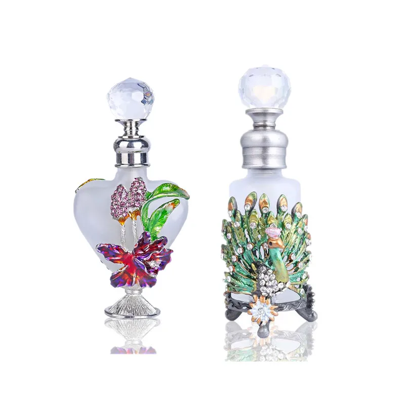 H & D 2 قطع خمر الزجاج العطور زجاجة w/بيوتر زهرة/الطاووس تمثال مجوهرات متجمد 25 ملليلتر /10 ملليلتر المعطرة العطر الحاويات