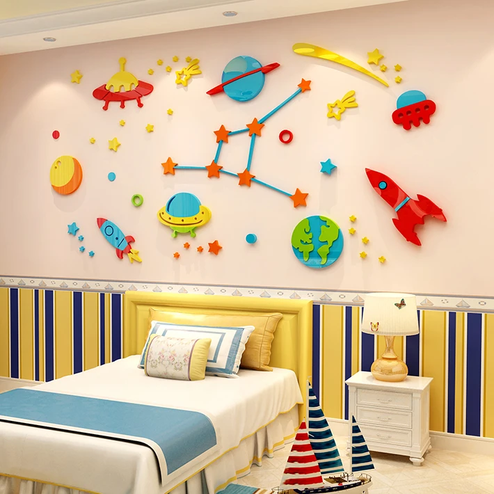 Космический корабль Звезда Детская комната наклейки 3d Трехмерные настенные наклейки изголовье детского сада украшения стены акриловые стены