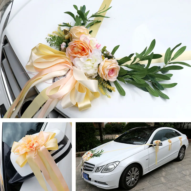 

4COLOR Wedding Car Silk Flower Decoration Kit European Multi-color Wedding Chair Back Fake Flower Artificial Plants Roses