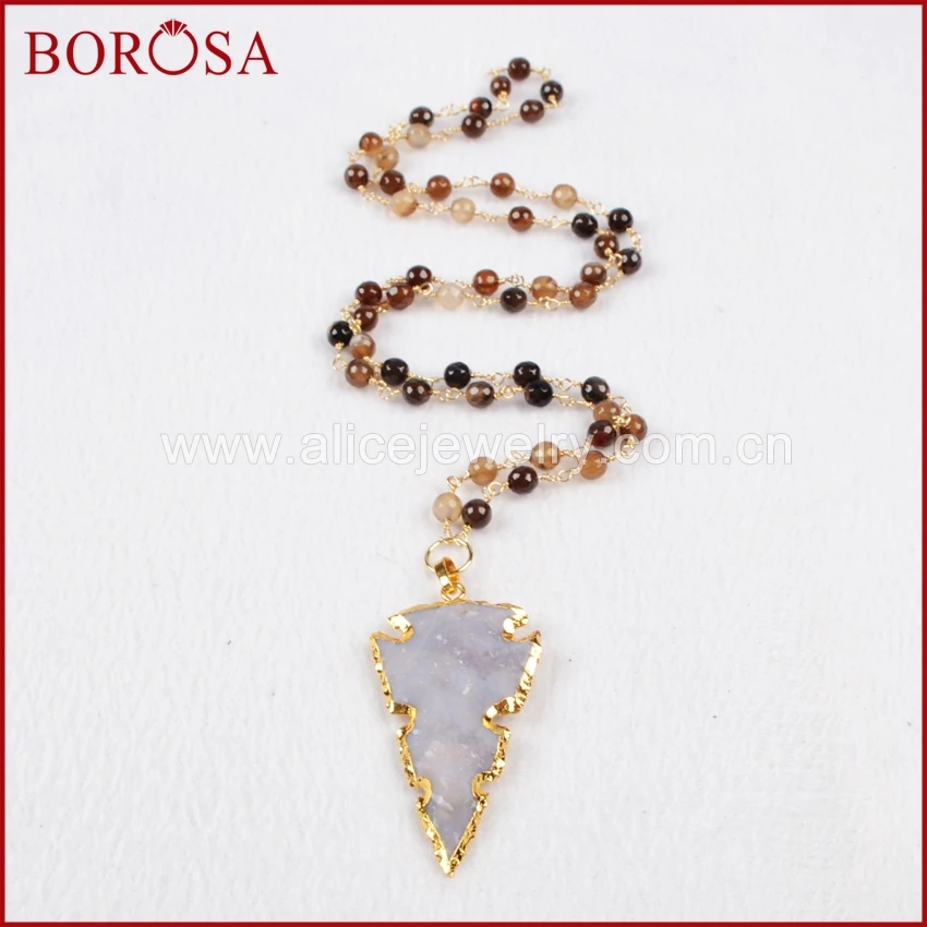 BOROSA Handcrafted 5pcs Gold Color Natural Arrowhead Stone Necklace With 6mm Crystal Druzy&amp Blue Howlite Beads G0795 | Украшения и