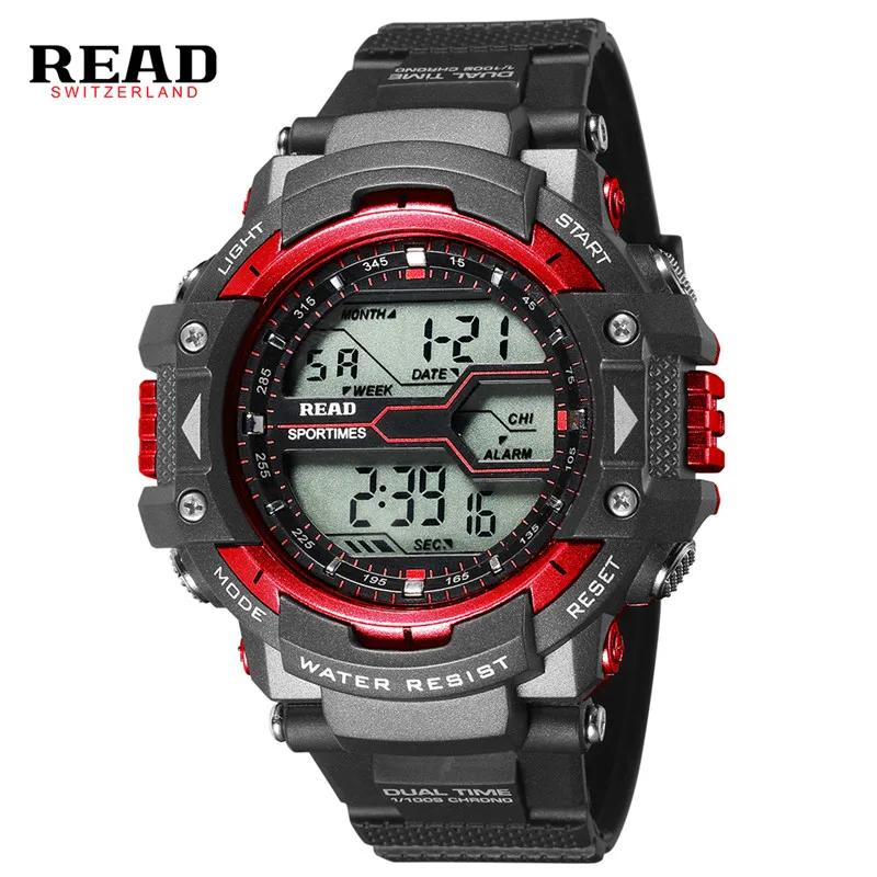 

READ new 90010 men sports Stop watch Round Dial Large Digital Scale Analog black Wrist band Relogio week calendar alarm Clock