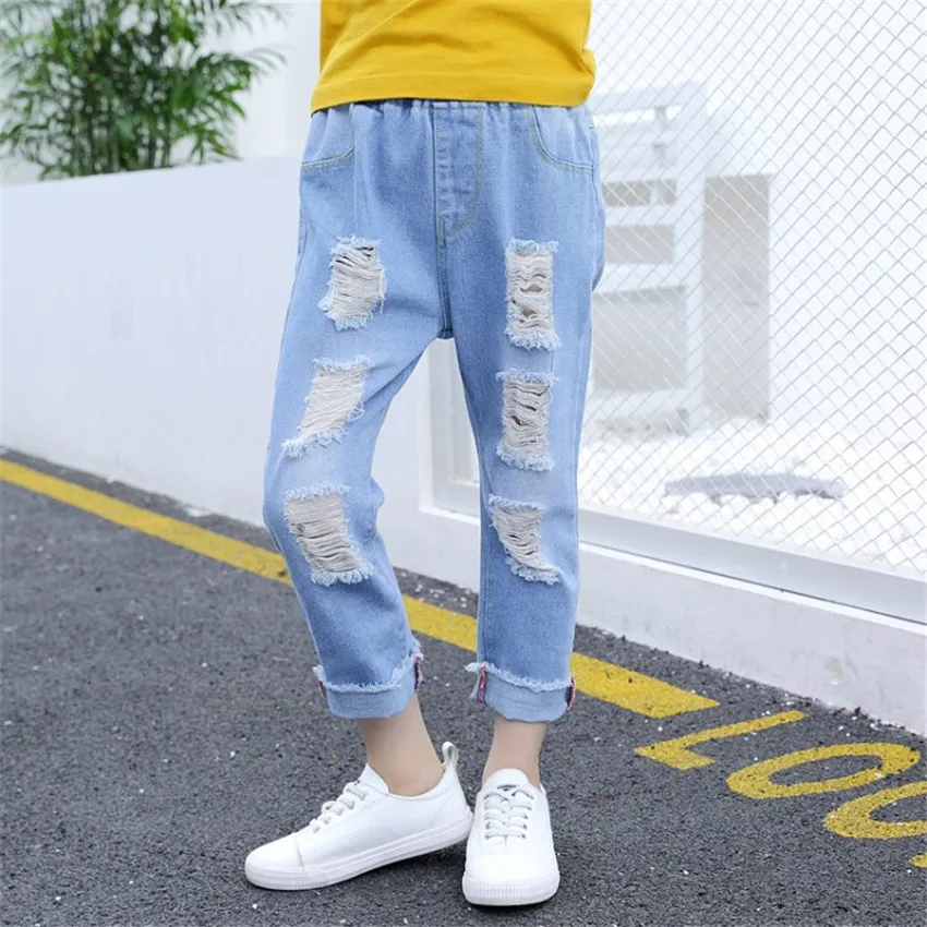 

3-12 y children jeans denim for girls fashion kids ripped jeans teenager girl clothes summer pants 8 9 10 11 12 years old