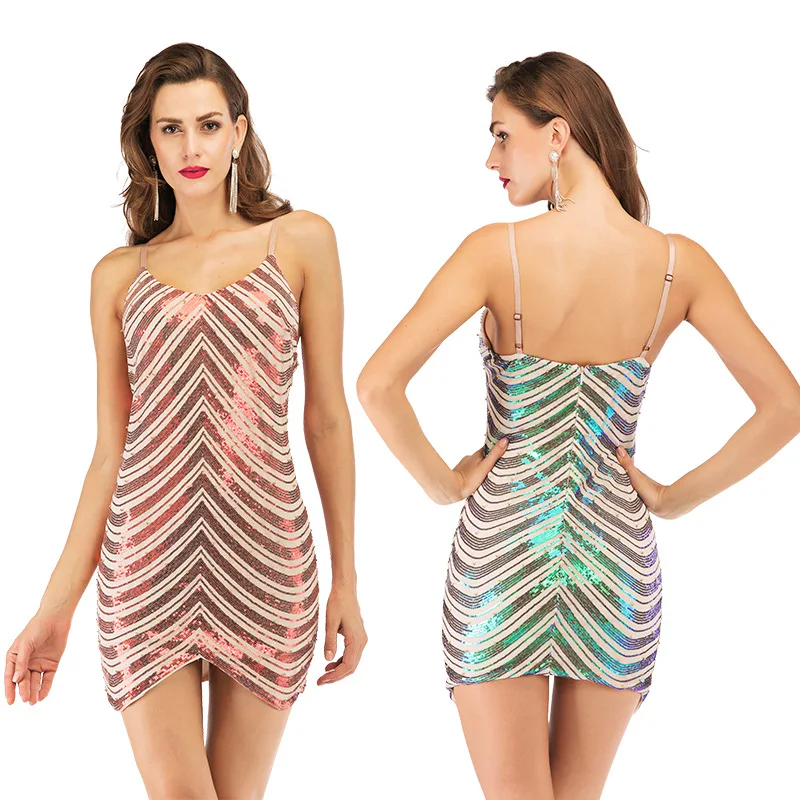 2019 New Summer Dress Stripe Casual Fashion Sexy Temperament Solid Sling Elastic Sequins Sleeveless Round Neck Women CW553 | Женская