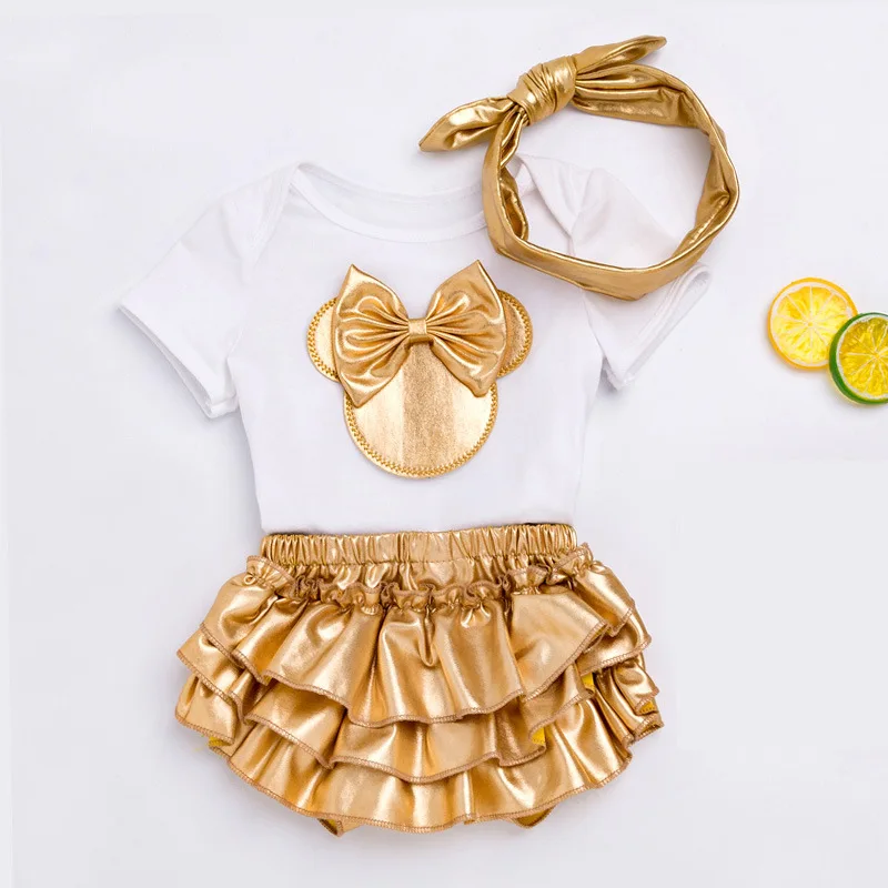Комплект одежды из 3 предметов для новорожденных девочек Модный комбинезон с принтом+ повязка на голову милый комплект одежды для малышей с рисунком Минни, верхняя одежда для детей от 0 до 24 месяцев