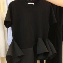 Летняя черная футболка с короткими рукавами и асимметричным низом в виде листьев лотоса, женские тонкие топы, футболки