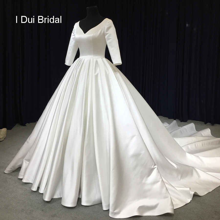 Long Sleeve Satin Wedding Dress Ball Gown High Quality