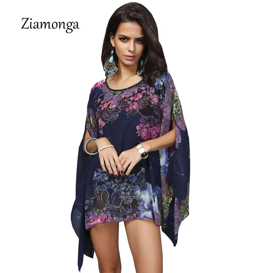 

2017 Summer Style Women Chiffon Dress Mini Bohemian Beach Dresses Tops Plus Size Women O-Neck Batwing Sleeve Summer Dress C1137