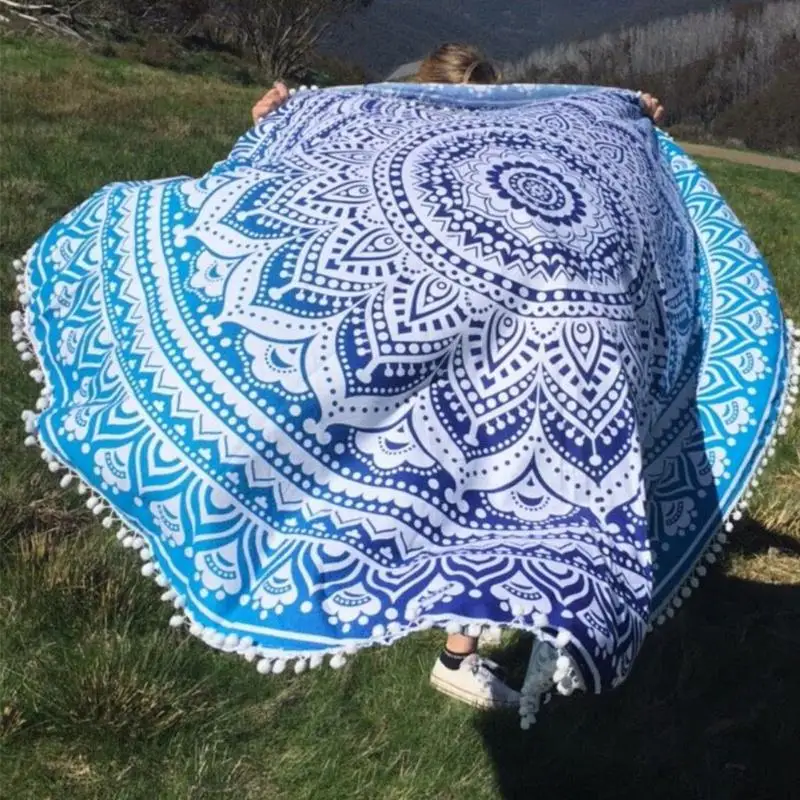 

Summer Bohemian Tapestry Round Beach Towel Ball Tassel Floral Printed Swimming Towl Sunbathing Dress Blanket Yoga Mat Home Decor